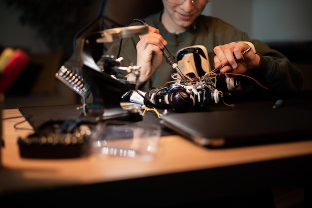 Jongen repareert robot soldeert kabels speelt met elektronica bouwt speelgoed