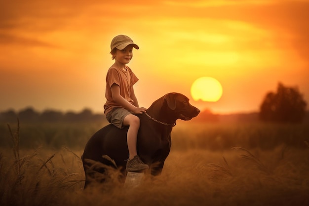 Jongen rijden hond zonsondergang Genereer Ai