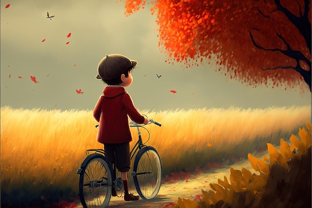 Jongen rijden op de fiets Jongen op een fiets kijkend naar de herfstweergave Digitale kunststijl illustratie schilderij