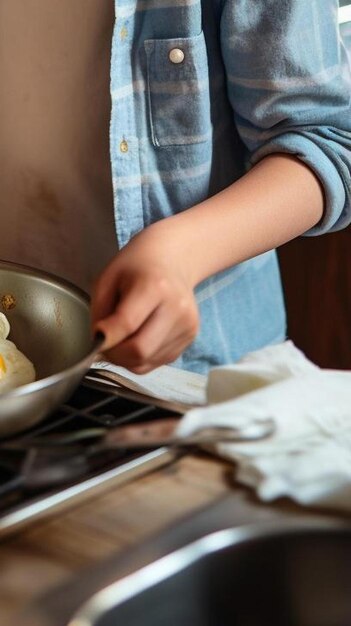 Foto jongen roostert eieren in een pan voor het gezin voor het ochtendontbijt