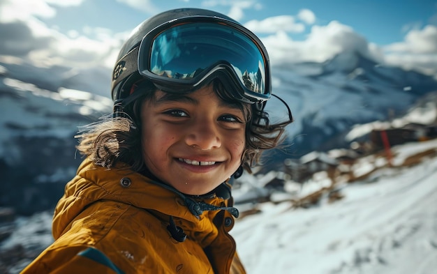 jongen skiër met ski-bril en ski-helm op de sneeuwberg