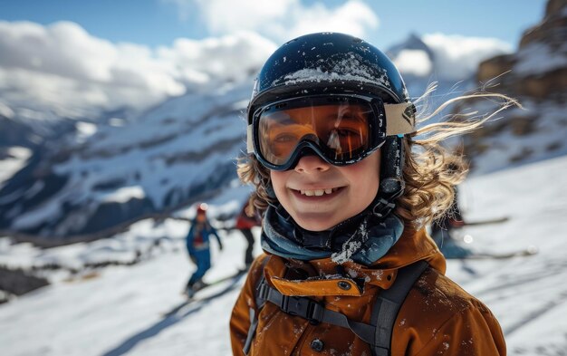 jongen skiër met vrienden met ski bril en ski helm op de sneeuw berg