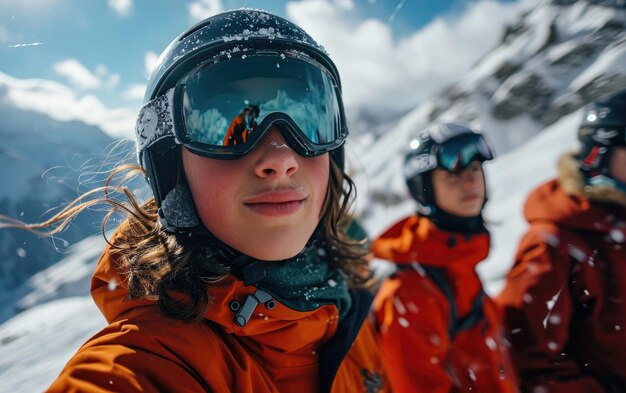 jongen skiër met vrienden met ski bril en ski helm op de sneeuw berg