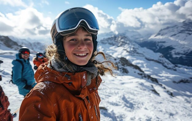 jongen skiër met vrienden met ski bril en ski helm op de sneeuw berg