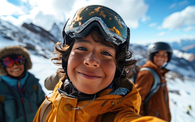 jongen skiër met vrienden met ski bril en ski helm op de sneeuw berg