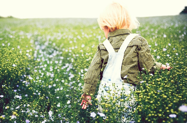 Jongen speelt op een gebied van bloemen