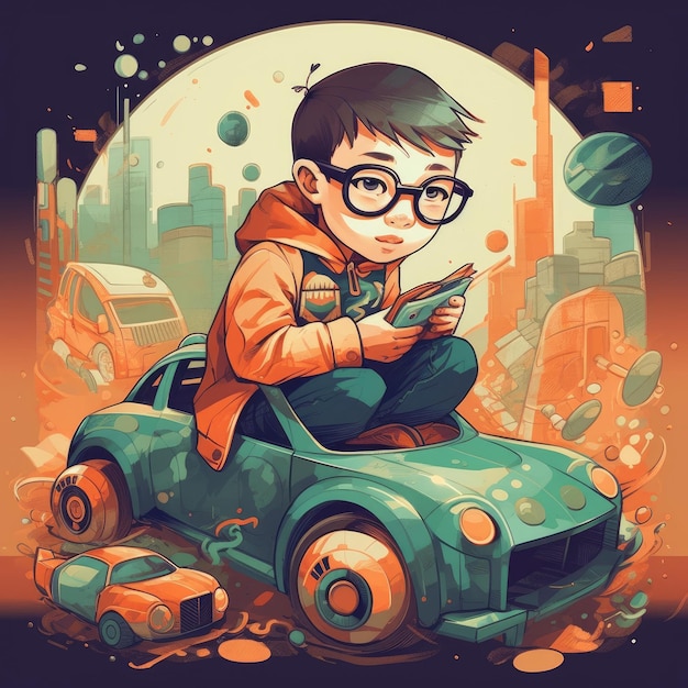 Jongen spelen met speelgoedauto cartoon illustratie met generatieve ai