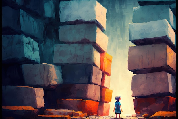 Jongen staat in de grot Kind met speer staat in een grot vol met vele futuristische stenen blokken digitale kunst stijl illustratie schilderij