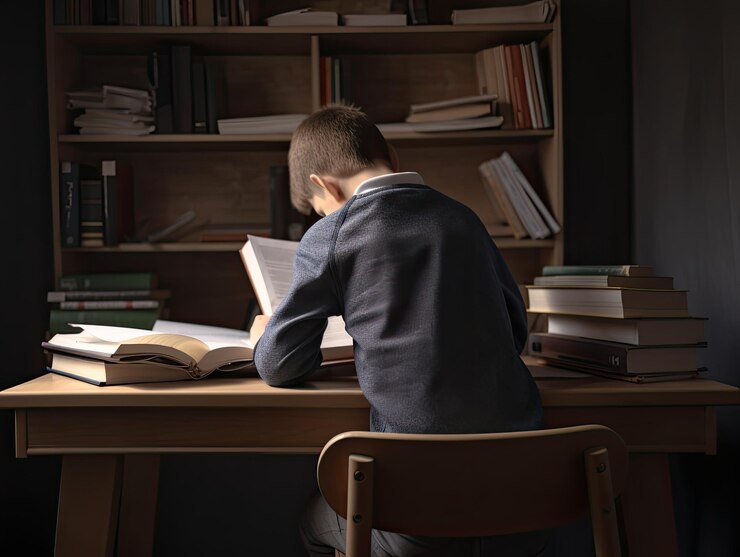 Foto jongen studeert in zijn slaapkamer