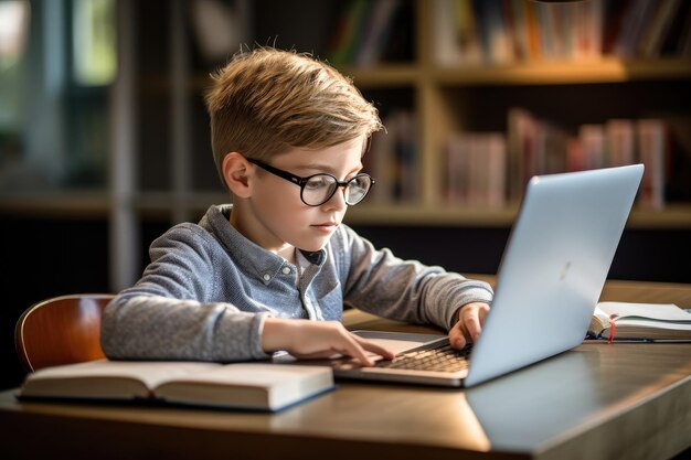 Jongen studeert met een laptop en een notitieboekje