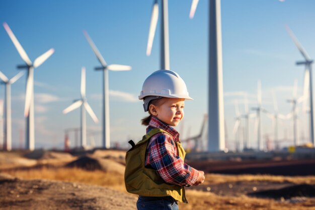 jongen tegen de achtergrond van werkende windmolens hernieuwbare energie