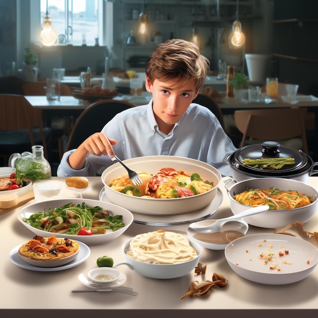 jongen zit aan een tafel met een kom eten en een vork generatieve ai