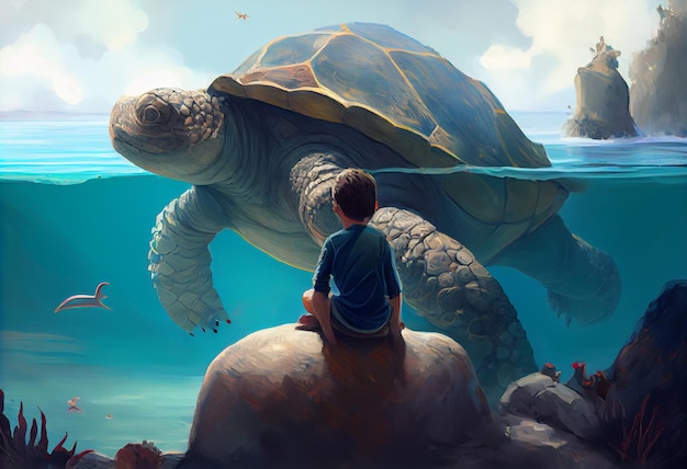 Jongen zittend op reuzenschildpad in de oceaan digitaal schilderen ultrarealistisch Ai genereren
