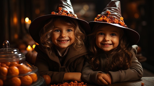 Jongens en meisjes verkleed als heksen en tovenaars om Halloween te vieren met pompoenen en kaarsen