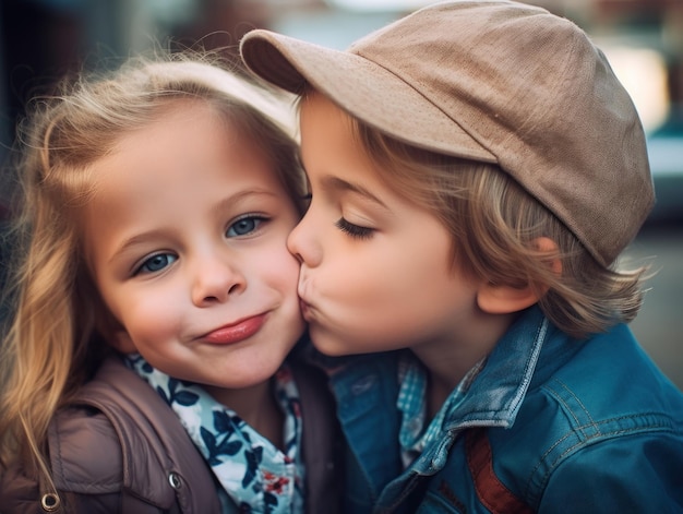 Foto jongens kussend meisje op wang