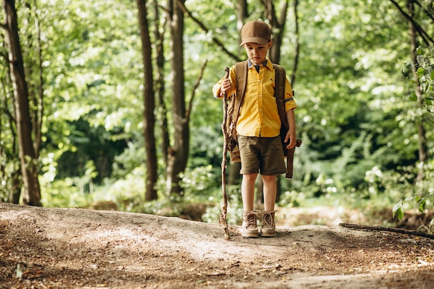 Jongensreiziger die in het bos met rugzak en stok loopt