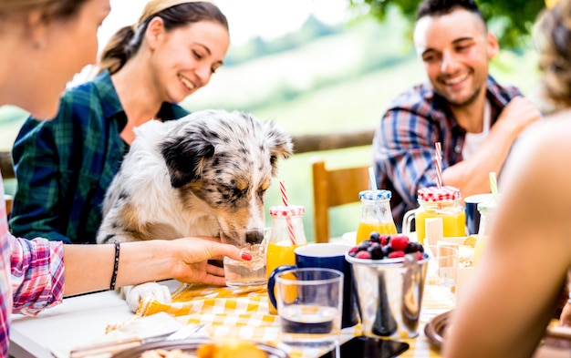 Jongeren bij gezond pic nic ontbijt met schattige hond in landelijke boerderij