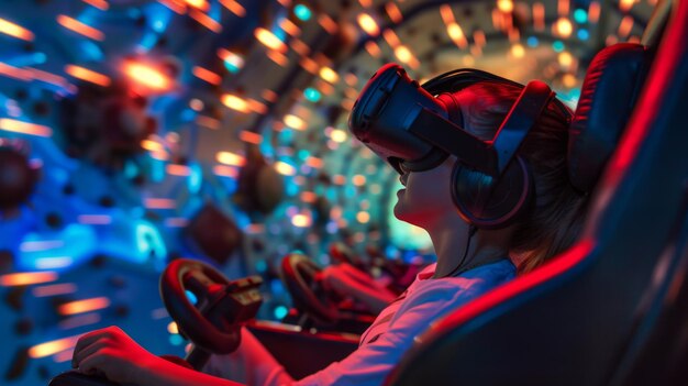 Foto jongeren ervaren virtuele realiteit in een neonverlichte kamer