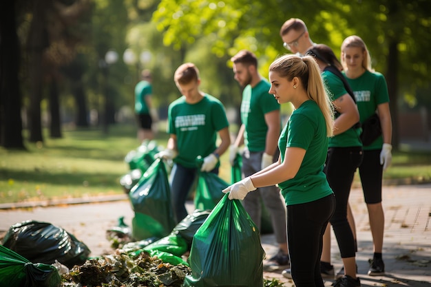 Jongeren in groene shirts die vuilnis ophalen in een park.