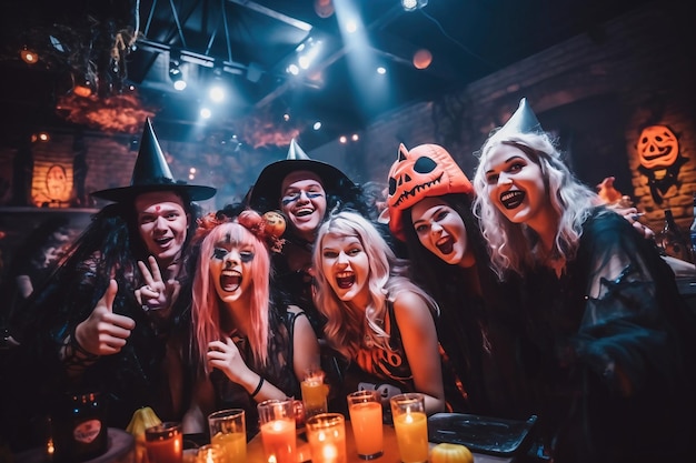 Jongeren in kostuums die Halloween vieren Groep jonge gelukkige vrienden die Halloween-kostuums dragen die plezier hebben op feest in nachtclub door enge gezichten te doen Viering van Halloween