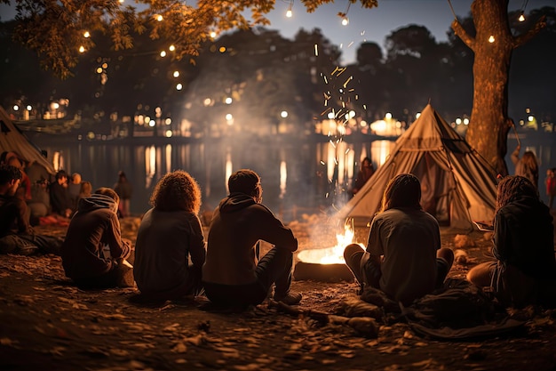 Foto jongeren in spiritueel kamp onder de sterrenhemel aan de rivier generatieve ia