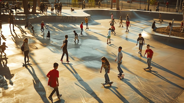 Foto jongeren skateboarden op een skatepark op een zonnige dag