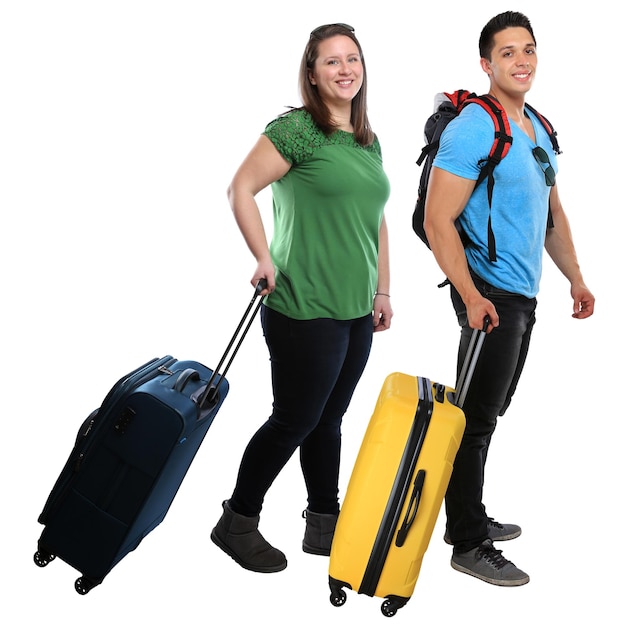 Jongeren trekken tas bagage reizen reizen vakantie vakantie glimlachend geïsoleerd