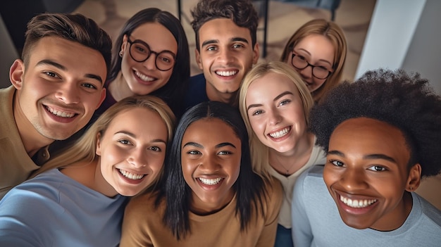 Jongeren van verschillende rassen die in een cirkel staan te grijnzen naar de camera GENERATE AI