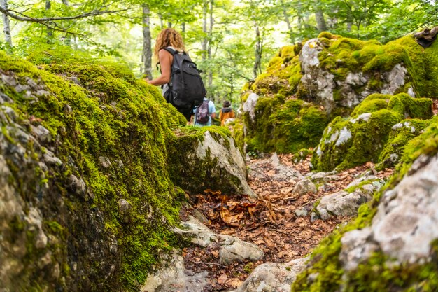 Jongeren wandelen in het bos van mount aizkorri