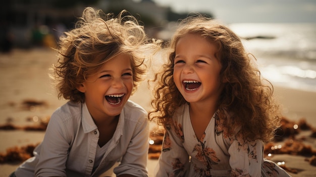 Foto jongetje gebruikt een veer om de voeten van een broer of zus op het strand te kietelen