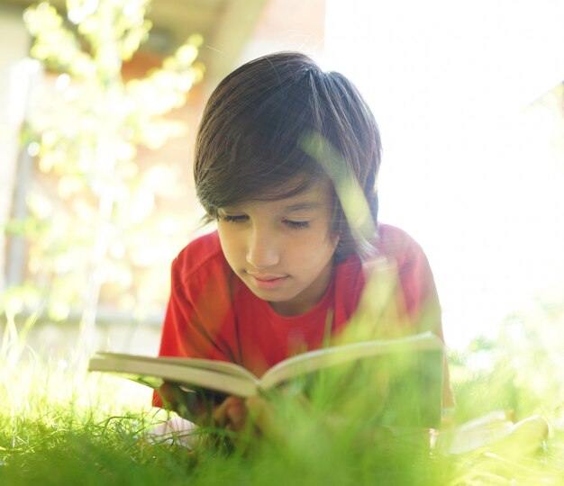 Jongetje leesboek in gras (met lens flare)