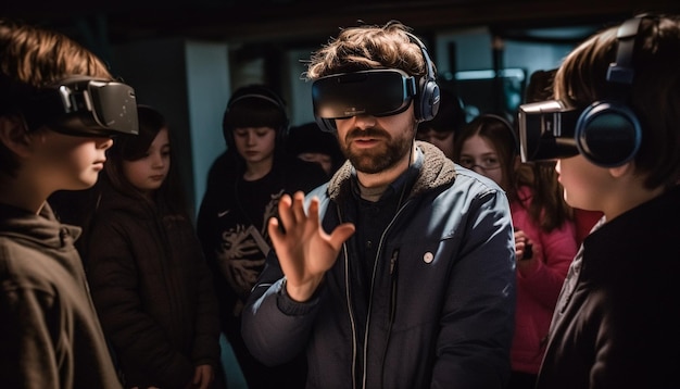 Jongvolwassenen die binnenshuis genieten van een virtual reality-simulator, gegenereerd door AI