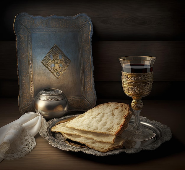 Joodse feestdag Pesach ongezuurd matzah brood en kopje koosjere kiddush-wijn AI Generatief