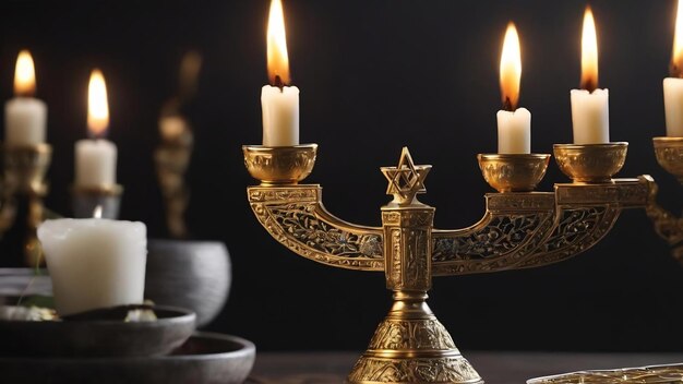 Foto joodse hanukkah menorah op zwarte kopie ruimte