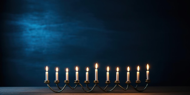 Joodse Hanukkah-viering heldere menorah brandende vintage Hanuka-symbool op blauwe achtergrond