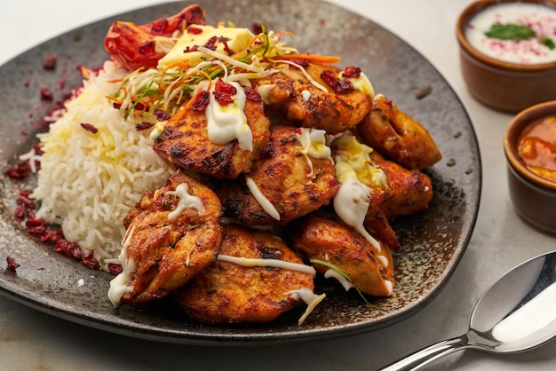 Joojeh Kebab with rice and raita served in a dish isolated on grey background side view of fastfood