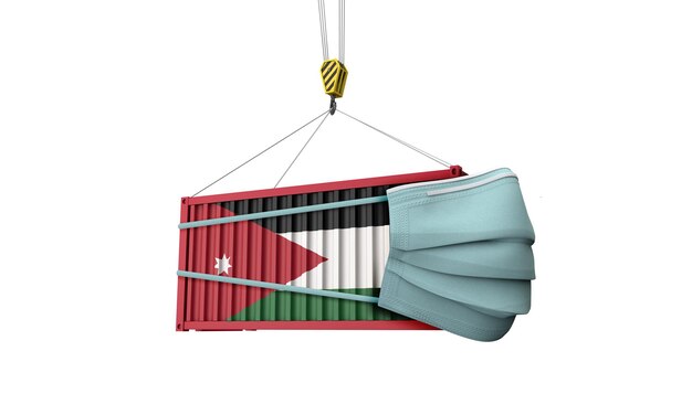ヨルダンの旗の保護マスク付き貨物輸送コンテナdレンダリング