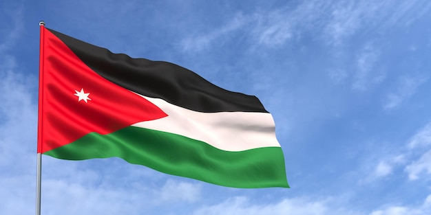 Jordan flag on flagpole on blue sky background Jordanian flag waving in the wind on a background of sky with clouds Place for text 3d illustration