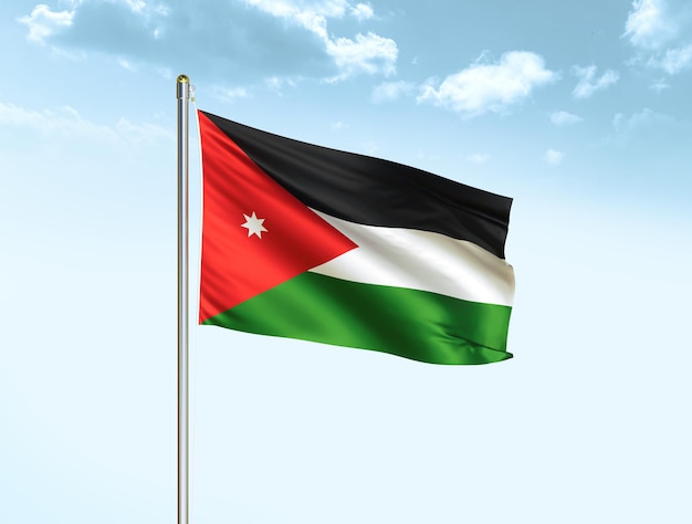 Jordan national flag waving in blue sky with clouds Jordan flag 3D illustration