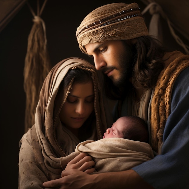 ヨセフ と マリヤ が 新生児 の イエス を 飼育 場 で 抱い て いる