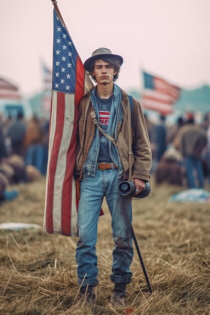 Photo joung man holding american flag in meadow in the style of street style