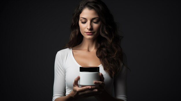 Photo joung woman holds jar with cosmetic cream attractive woman with perfect skin on dark background created with generative ai technology