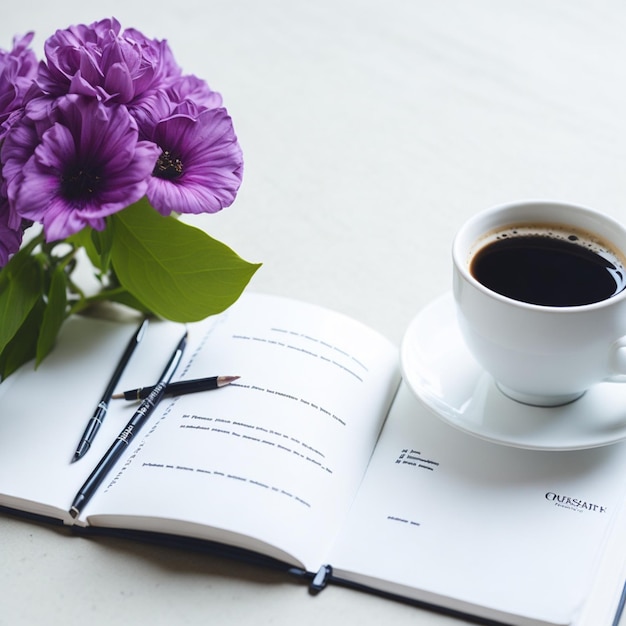 Journal book coffee and a flower on a desk