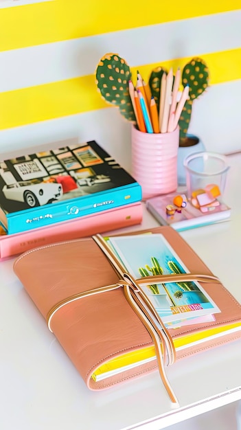 Photo journal with colorful pencils beside it in pastel pink covers placed on white wooden desk