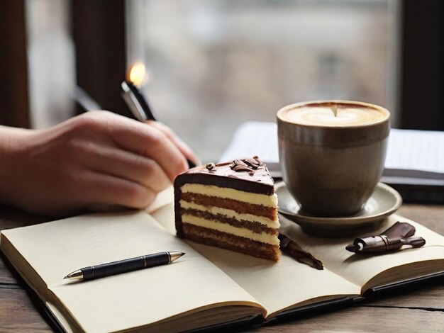 Photo journaling with cake and coffee