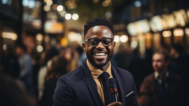 Journalist of African descent speaking with a businessmanxA