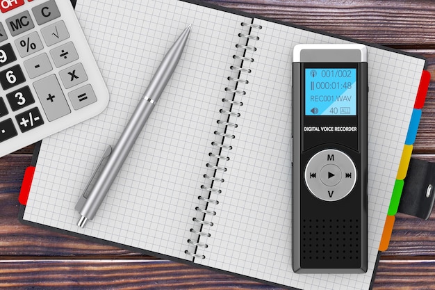 Photo journalist digital voice recorder or dictaphone, calculator, blank daily organizer and pen on a wooden table. 3d rendering