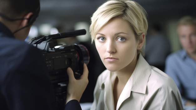 Photo journalist female caucasian young adult conducting interview in newsroom generative ai aig22