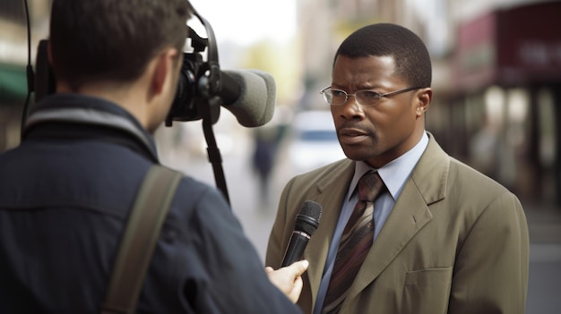 Journalist man afrikaans-amerikaans middelbare leeftijd interviewt een bron in het veld in city street generative ai aig22