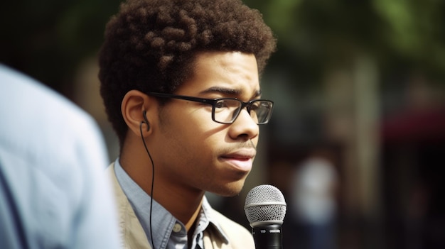 Journalist Man Afro-Amerikaans Jongvolwassene Voert een interview op Buitenlocatie Generatieve AI AIG22